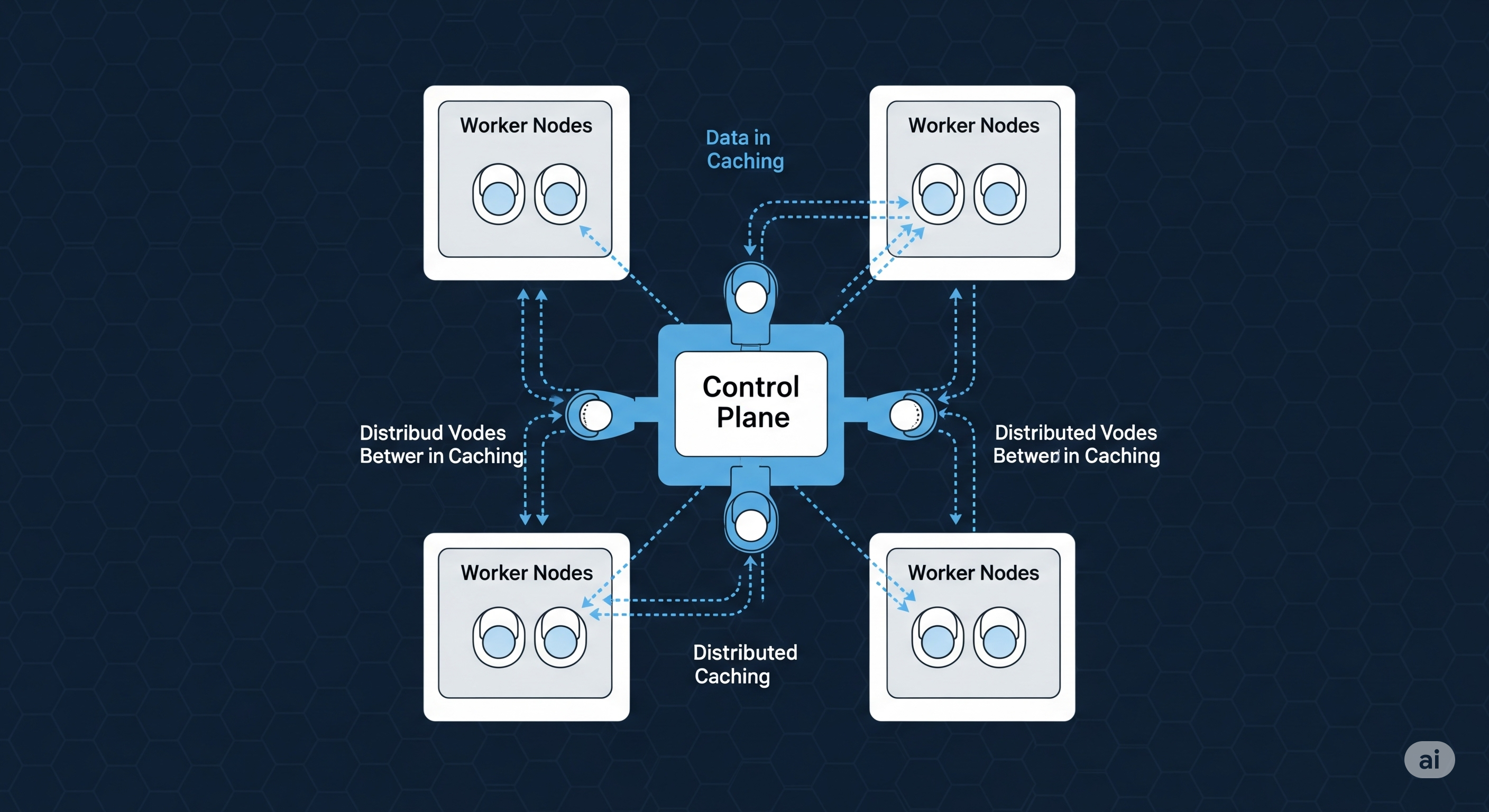 An illustration showing data packets moving from a central control plane to multiple worker nodes, each containing several pods, symbolizing distributed caching in a Kubernetes environment.